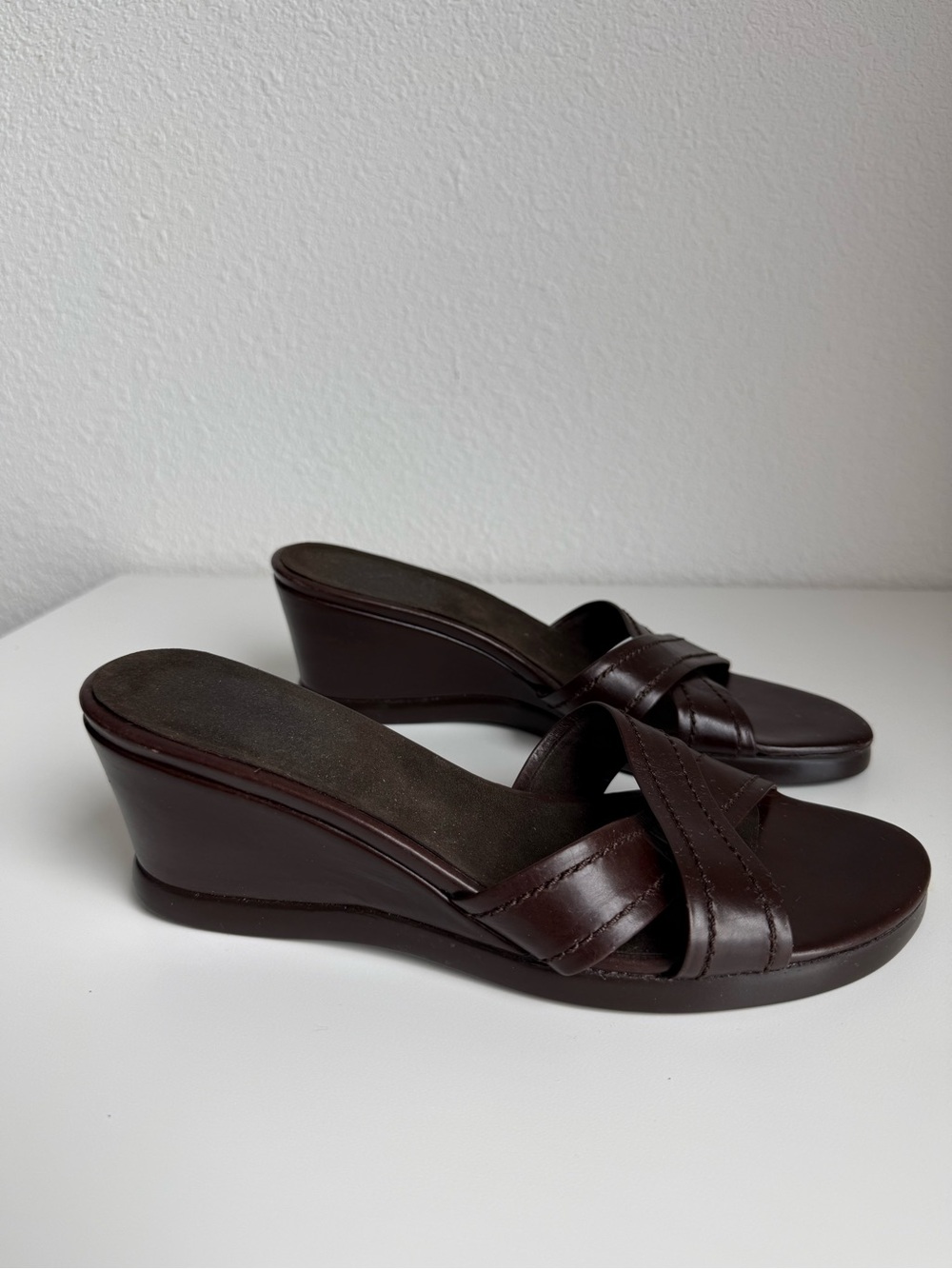 Vintage Stuart Weitzman Chocolate Brown Leather Criss Cross Wedge Slide Sandals